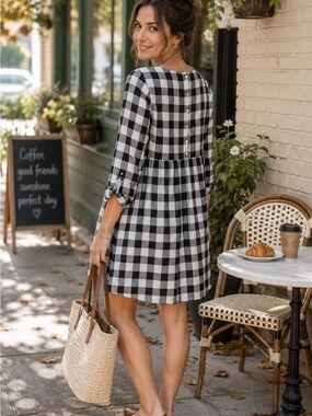 J.Jill XS Petite Black White Buffalo Plaid Gingham Shift Dress Cottagecore